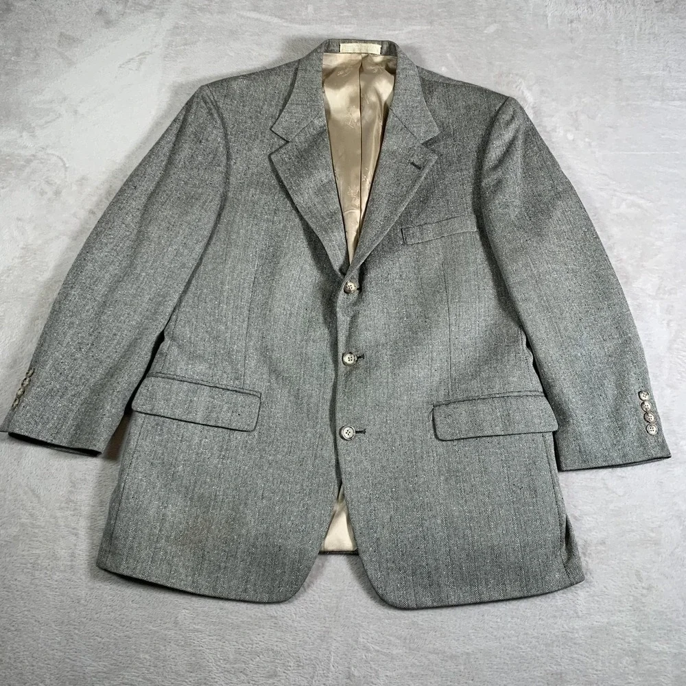Old School Bespoke‎ Blazer Mens 43R Gray Herringbone Tailored USA 100% Linen
